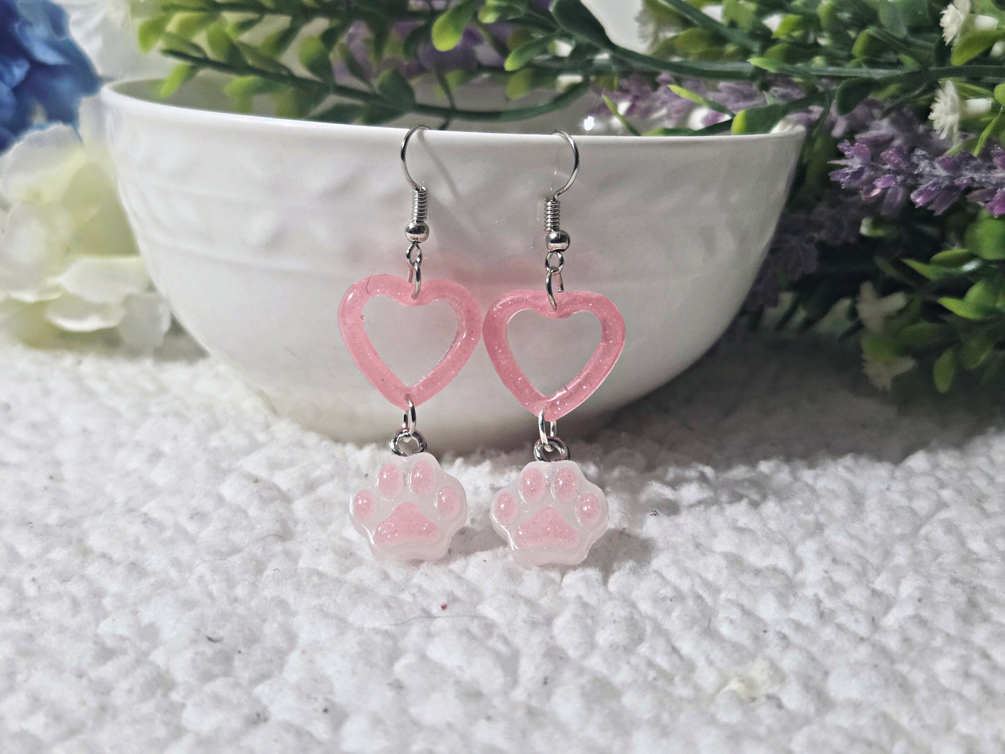 💖Glittery Heart cat Earrings💖 (Pink)
