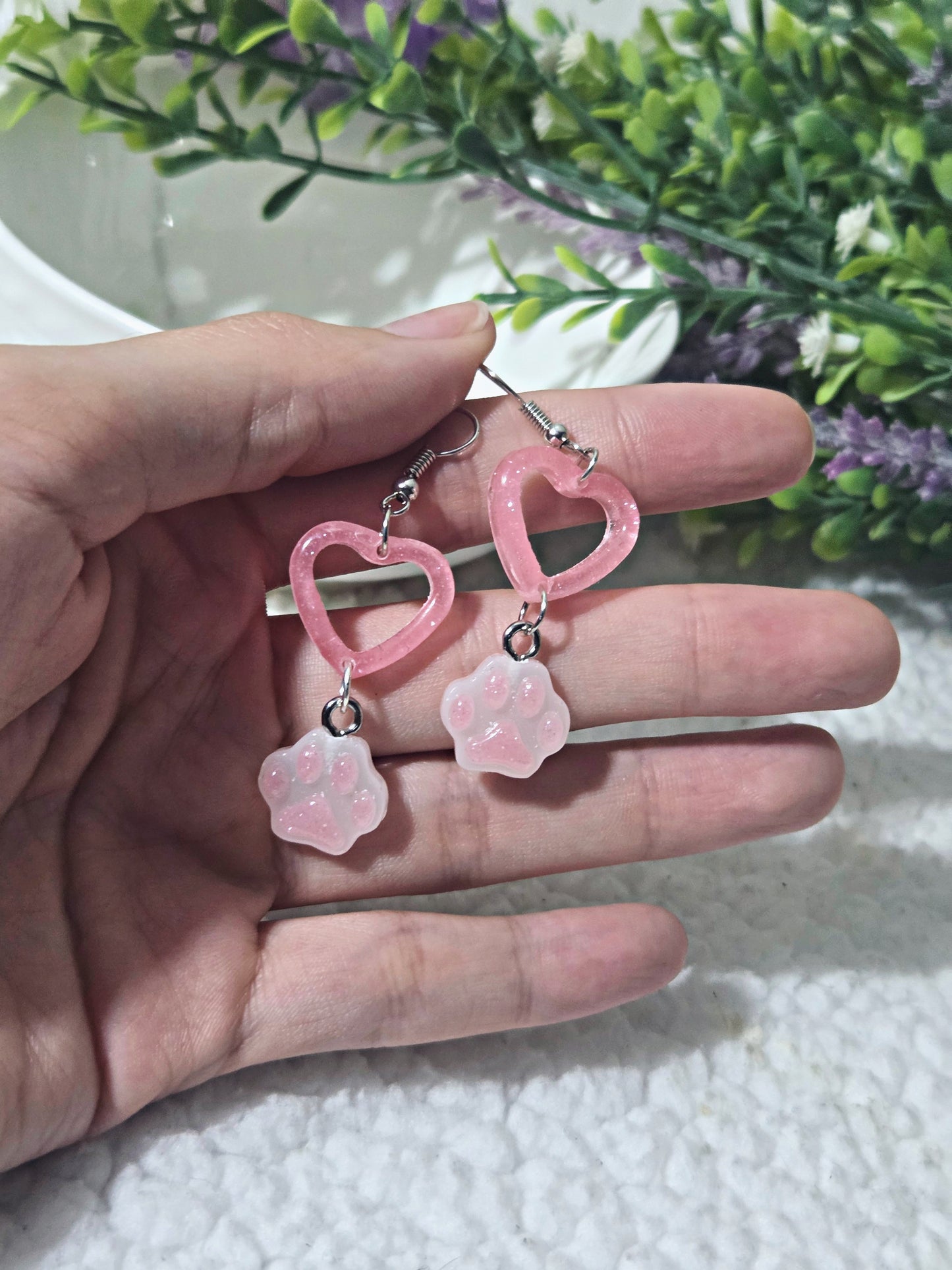 💖Glittery Heart cat Earrings💖 (Pink)